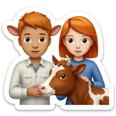 A boy and a ginger girl petting a cow sticker