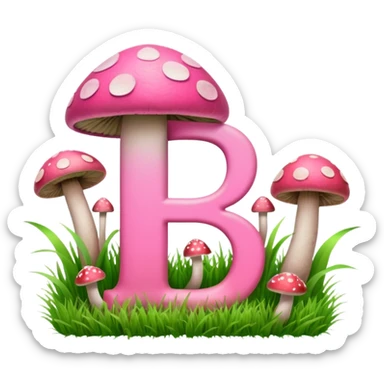 Double letter P, pink and green, with grass growing, mushrooms around sticker