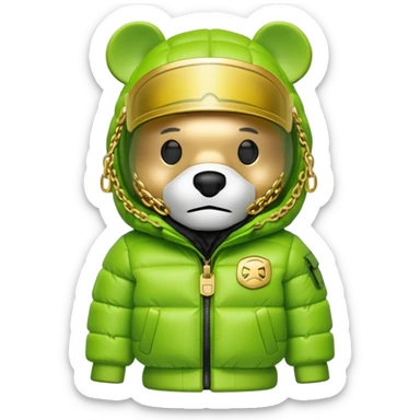 bearbrick with lime green balaclava that has built-in panoramic visor lens directly in eye area, single continuous shield integrated into the mask, not separate glasses, puffy jacket with fur, gold chains sticker