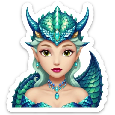 Am amazing blend of a half dragon woman with glittering jeweled scales covering her body. She has large almond shaped eyes, lush lips, and she wears a stunning luminescent gown. sticker