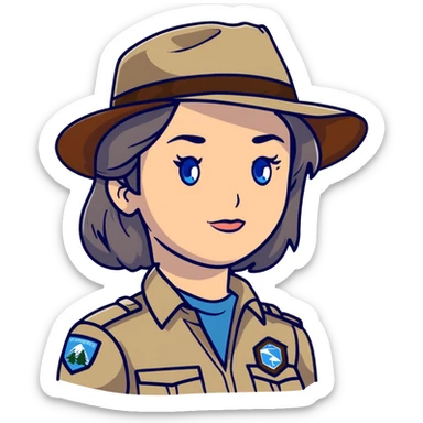 white woman park ranger with gray and brown hair, blue eyes sticker