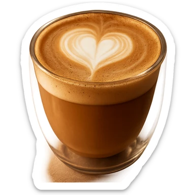 cappuccino with heart-shaped foam art, modern glass cup, cozy vibe sticker
