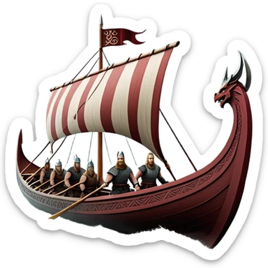 detailed-cinematic-viking-longboat, rendered in a flat, bold vector style with minimal shading, featuring a striking dragon-headed prow slicing through waters. shields on the side and vikings rowing The longboat’s, the boat has carved motifs evoke a sense of epic adventure and Nordic might, with billowing sails catching a dramatic, stormy sky backdrop. sticker