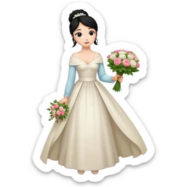 Chica blanca,cuerpo entero, vestido boda ,manga larga ,con estola, pelo negro,    ramo de flores una mano, pelo recogido en moño alto sticker