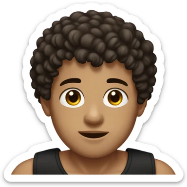 Boy with hair shaved on the sides and curly hair on top, dark brown eyes, wearing black tank top sticker