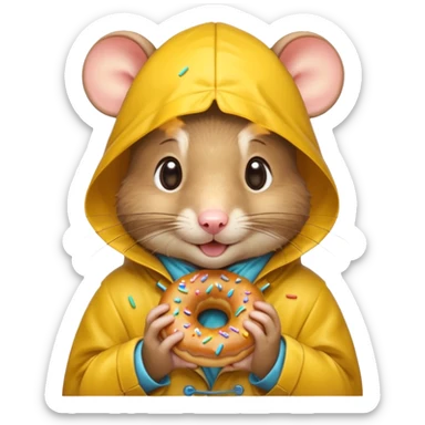 Cute little baby rat in a rain coat munching on a donut  sticker