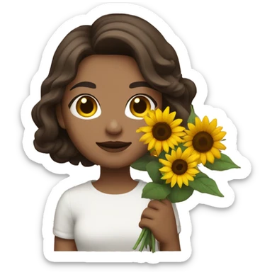 a white girl with shoulder length dark brown hair, small rosy lips holding a bouquet of sunflower sticker