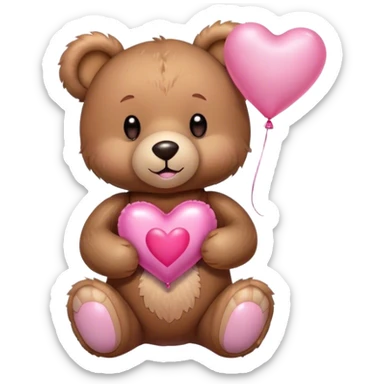 Adorable Plush brown teddy bear holding an inflatable metallic pink heart-shaped balloon in his paw and love letter of the color pink sticker