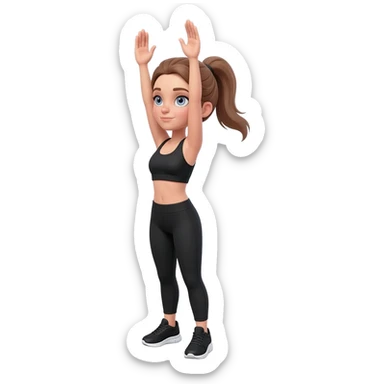 morning stretch with both arms overhead, fair-skinned woman, gray-blue eyes, ash brown brows, ash light brown hair tied back, slim athletic body, black workout set, black sneakers with white soles sticker
