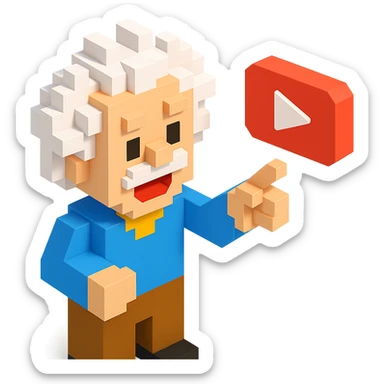 voxel style Albert Einstein smiling and pointing at a floating YouTube play button, isometric view sticker