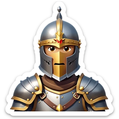 clash-of-clans-aesthetic_-cinematic-fearsome-and-majestic-knight-bust-portrait-emoji, rendered in a flat, vector-style with minimal shading and bold, simplified shapes, depicting a battle-ready medieval knight with steely eyes and intricate armor, mounted on a warhorse reflecting sunlight over a misty battlefield. sticker