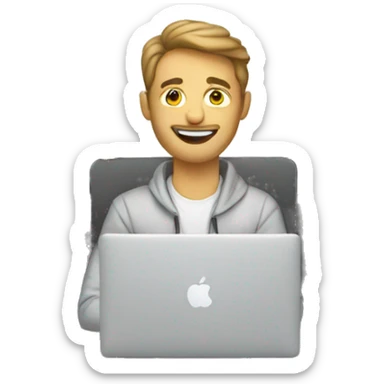 white men Graphic Designer in a desktop with a macbook sticker