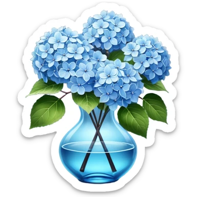 Hyperrealistic, 3D rendering, still life, smooth, clean thin lines, 8k, very Lush Hydrangeas with vivid leaves in pale blue crystal translucent glass vase, on dark wood stained table sticker