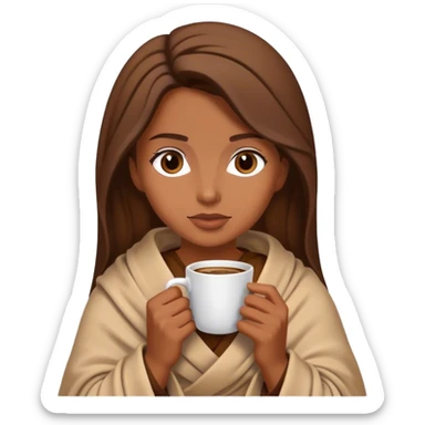 Brown hair lady wearing light brown blanket drinking coffee  sticker