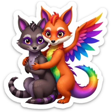 black female raccoon dragon hybrid with rainbow colored wings and purple eyes giving a big hug to a red female fox dragon hybrid with rainbow colored wings and orange eyes sticker