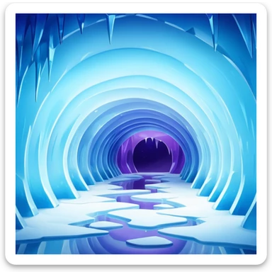 A breathtaking ice cave glowing with blue light, featuring smooth, curved walls made entirely of translucent ice. The interior reflects shimmering shades of blue and purple, with natural light filtering through the frozen surface. Realistic detail, cinematic lighting. sticker
