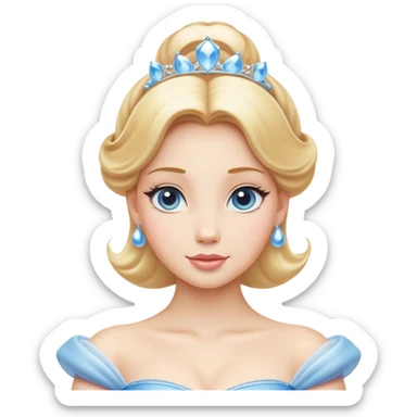 Cinematic Elegant Cinderella Portrait Emoji, rendered in a beautifully detailed, vector-style with minimal shading and bold, simplified shapes. Depict Cinderella in her classic ball gown (chest and above) with fair, porcelain skin and elegantly styled blonde hair, her eyes soft and kind, and her expression serene and graceful. The design glows with a gentle, enchanting radiance and high shine, capturing the timeless beauty of a fairy tale princess. sticker