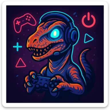 a gaming raptor, stylized raptor with glowing eyes, surrounded by gaming icons sticker