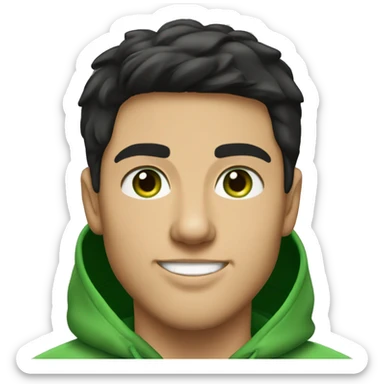 A young man with black hair and green eyes. Wearing a green hoodie. Smiling. Hairstyle like Tom Cruise sticker