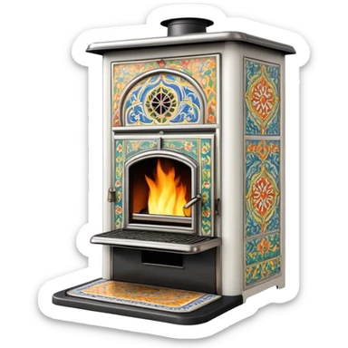 Ornamental European coal stove from the 1900s with ceramic tile decorations, tall design with metal door and coal burning inside sticker