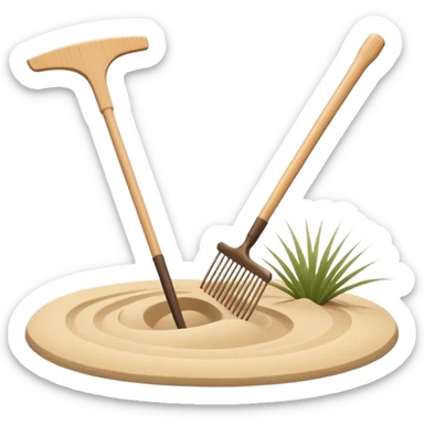 Minimalist emoji of a Japanese zen garden rake with four teeth, elegant thin lines, light wood tone, sand-beige palette, flat vector style, calm and balanced aesthetic, zen-inspired, transparent background, premium minimal design sticker