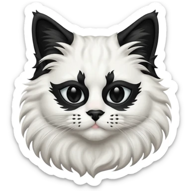 black and white long hair cat. black nose. black splotch near nose on the right side. black mask. white chest.  sticker