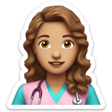 Pretty nurse with long brown wavy hair with pink scrubs sticker
