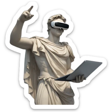 Roman sculpture with virtual reality goggles pointing his index finger to the sky and holding a laptop with his other hand sticker