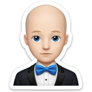 semi Bald with blue bow tie, midnight balck dress, age. sticker