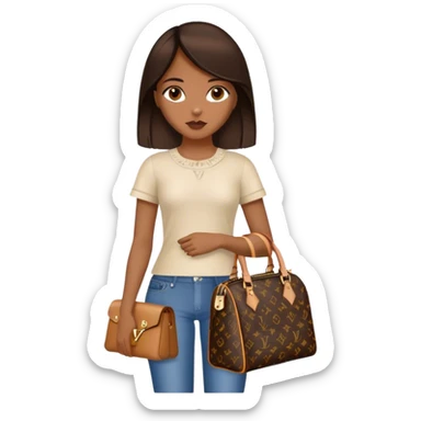  Brown girl with dark brown medium straight hair carrying one Louis Vuitton purse on her arm while standing  sticker