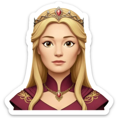 Cinematic Realistic Cersei Lannister Portrait, depicted with lifelike skin texture, subtle rosy undertones, and soft natural lighting that enhances the gentle contours of her face. Her intricately detailed golden blonde hair is elegantly styled , sticker