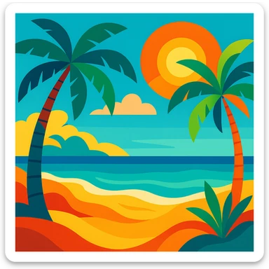 summer vibrant beach scene with palm trees sun and ocean colorful style sticker