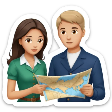 Russian young man and elegant fair-skinned Latina girl in costal outfits with a map planning  sticker