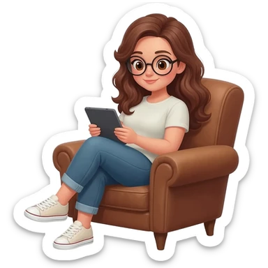 detailed emoji illustration of a curvy woman with long chestnut brown wavy hair, light brown eyes and round glasses sitting in a brown vintage armchair while reading on an e-reader tablet, cozy reading atmosphere, cute emoji style sticker