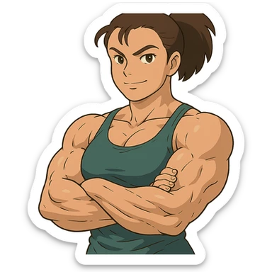 muscular woman, ghibli style, confident expression sticker