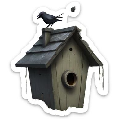 Realistic . Birdhouse. Haunted Addams house. birdhouse slightly mossy and spider webs. Scary  sticker