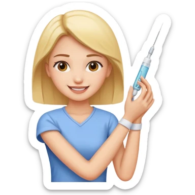 young woman receiving an injection in her arm, happy sticker