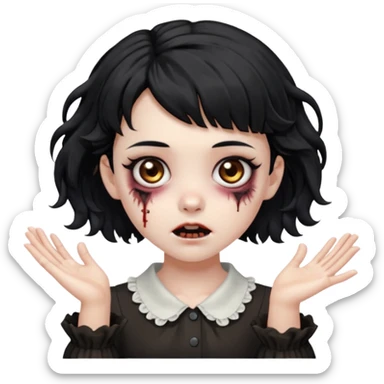 Cabelo ondulado  um pouco cheio e franja curta  Olhos marrons e pequenos e feita d ezumbi mais bonita com cabelo amarro na e com as mãos assim tipo assim🧟‍♀️ sticker