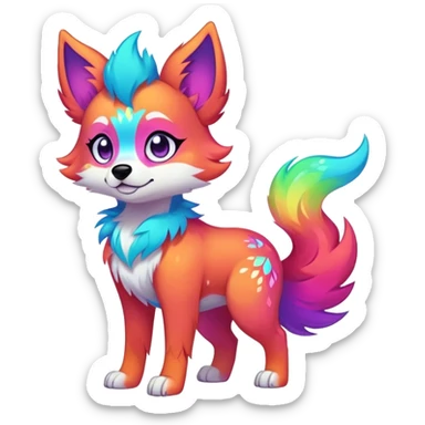 Vibrant multicolored neon-colored Falvie-Fionbri-creature-sparkle-dog-fursona, full body sticker