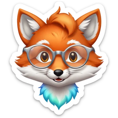 A sly fox with iridescent fur, a glowing tail, a silver star on its forehead, and round glasses, giving a mischievous smirk. 🦊😏 sticker