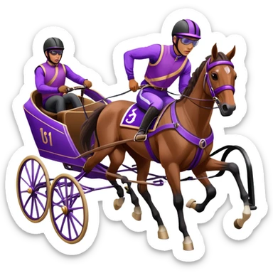 A high-speed harness racing scene featuring a powerful brown trotting horse. The sulky, a lightweight two-wheeled cart, is painted in black and attached to the horse’s harness. A driver, dressed in purple, is seated in the sulky, gripping the reins tightly and wearing a purple helmet with goggles. sticker