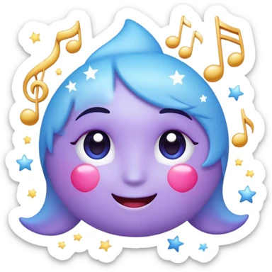 A cute and playful emoji with a smirking face, sparkling eyes, and a pastel blue-purple gradient. It has floating stars, hearts, and music notes, giving it a mysterious yet charming vibe sticker
