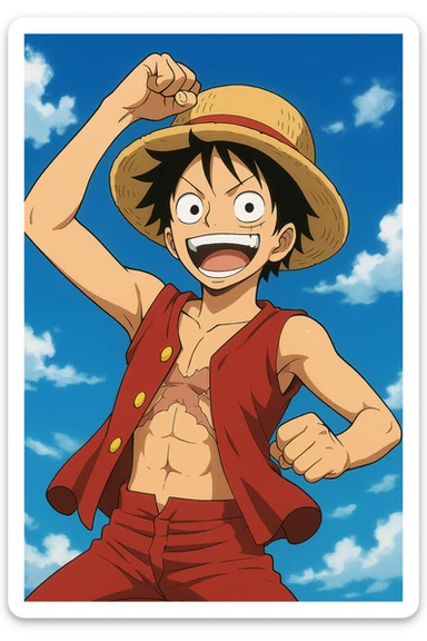 Luffy from One Piece, energetic pose, anime style, wearing his signature straw hat and red vest, smiling, with a blue sky background sticker