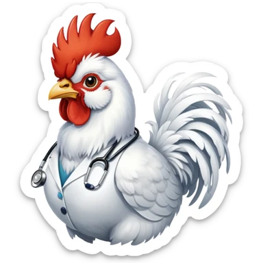A White Silkie Bantam rooster has very fluffy plumage and is wearing a doctor's stethoscope.  sticker