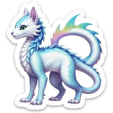 Kawaii white pastel iridescent beautiful pretty elegant divine edgy fantasy feline-vernid-sergal-Haku-dragon-fursona animal creature with a tufted tail full body with intricate markings  sticker