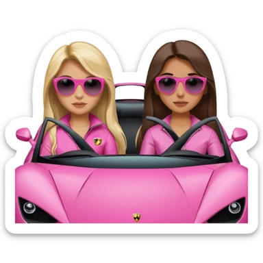 Add sunglasses full car front facing so I can see full car Car facing forward in sports car. Make hair long  two girls in car far away Front of car sitting in the seats. Make it a pink sports car. They are two baddies make it a Lamborghini pink car  sticker