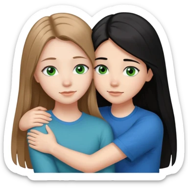 una ragazza dall‘ età di 19 anni con capelli castani chiaro lunghi e lisci ,  occhi CELESTI ,  e una ragazza di 17 anni capelli neri occhi verdi che si abbracciano   sticker