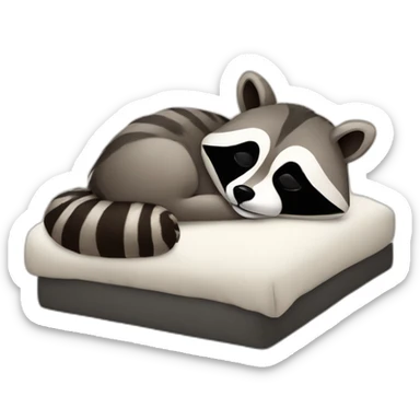 racoon with head on pillow sleeping on human bed sticker