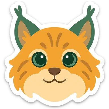 A cute and soft lynx face with big, expressive eyes, designed in a warm and magical color palette: golden orange (FA9B41), forest green (4A7C5C), muted taupe brown (96775A), and pastel peach (FFCC9A). The lynx’s fur is fluffy and soft, with a mix of warm browns and golden highlights. Its ears are tipped with tufts of fur in greenish tones, and its cheeks are gently rounded with subtle peach accents. The eyes are bright and curious, surrounded by soft fur in the warm color palette. The overall look is adorable, serene, and enchanting, evoking a gentle, woodland atmosphere. sticker