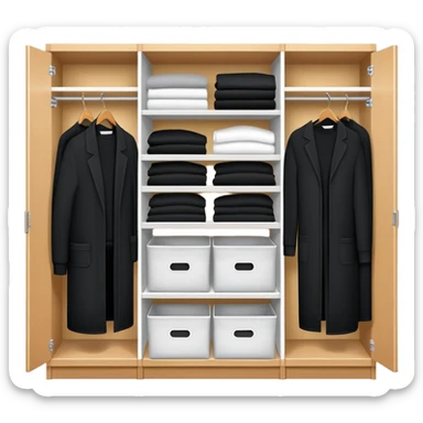 Closet organizer with visible compartments filled with black long sleeve shirts, sweaters and work clothes sticker
